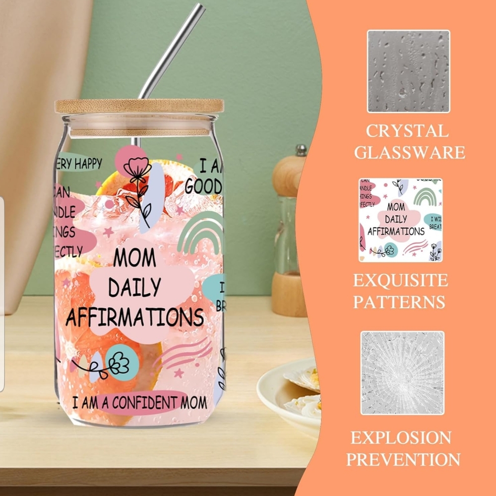 "Mom Daily Affirmation" Glass Jar with Bamboo Lid and Affirmations - Picture 3 of 4
